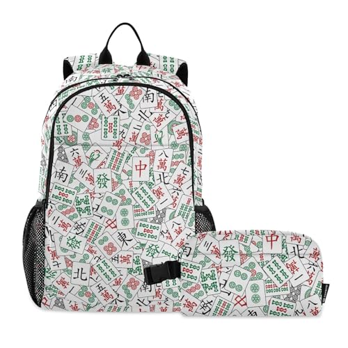 linqin Mahjong Rucksack und Lunchtaschen-Set für Teenager, Mädchen, Jungen, Schulrucksack mit Lunchbox-Taschen für Schule, Jungen im Alter von 8–10 Jahren von linqin