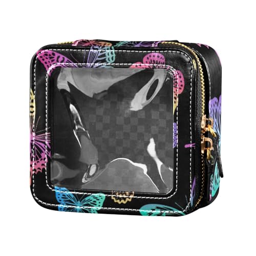 linqin Make-up-Tasche aus Leder, Motiv: Regenbogen-Schmetterlinge, transparent, klein, Kulturbeutel, tragbarer Make-up-Organizer für Reisen, Regenbogen-Schmetterlinge, 1 size von linqin