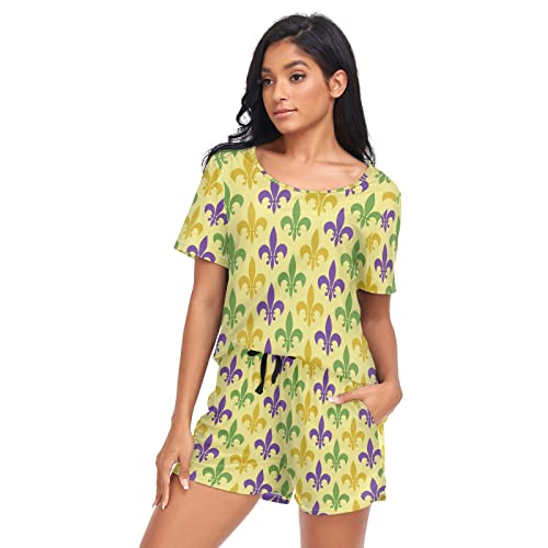linqin Mardi Gras Damen Pyjama Set Sommer Schlafanzug Set Süße Schlafanzug Set + Shorts, Mardi Gras, 36 von linqin