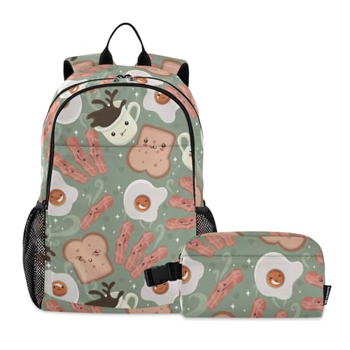 linqin Niedliche Eier-Kaffee-Speck-Kinder-Schulrucksack, Schultasche und Lunchbox-Set für Jungen, Büchertaschen mit Lunchbox für Jungen im Alter von 8–10 Jahren von linqin