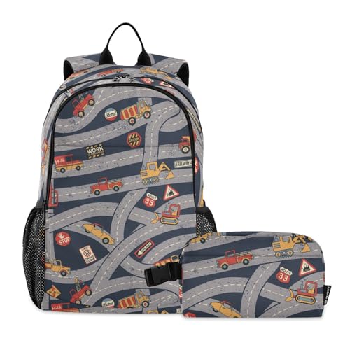 linqin Niedlicher Auto LKW Straßenverkehr Rucksack mit Lunchbox für Jungen Schulrucksäcke für Mädchen mit Lunchbox Büchertasche und Lunchbox 7-10 von linqin