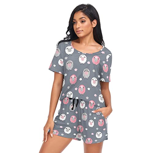 linqin Niedlicher Schlafanzug mit kurzen Ärmeln für Damen mit weichen Pyjama-Shorts, Süßes Schaf., 38 von linqin