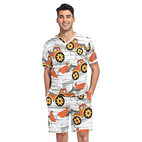 linqin Orange Cartoon Traktor Schlafanzug Herren Pyjama Set Baumwolle Kurzarm Pyjama Set, Traktor Orange, XL von linqin