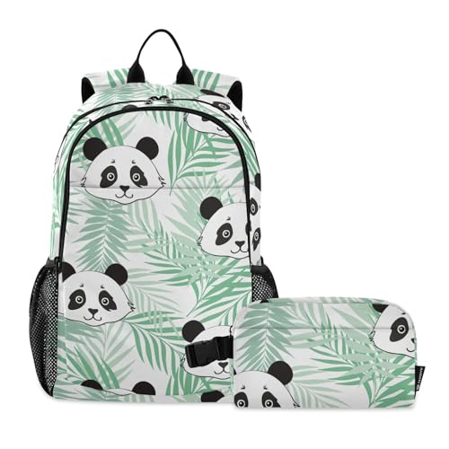 linqin Panda Grünes Palmblatt-Rucksack und Lunchtaschen-Set für Teenager, Mädchen, Schultasche mit Lunchtasche, Büchertasche mit Lunchbox für Mädchen von 10–12 Jahren von linqin