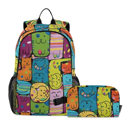 linqin Pazzle Lustige Katzen Rucksack mit Lunchbox für Jungen Schulrucksäcke für Mädchen mit Lunchbox Büchertaschen mit Lunchbox für Jungen 9-10 Jahre von linqin