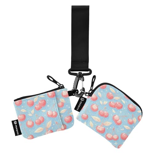linqin Peach Cherries Blue Damen Münztaschen Kartenhalter Kleine Tragbare Münzbörse Kleingeldbörse Kleingeldhalter mit Handgelenkschlaufe für Arbeit Reisen 2 Stück, Pfirsichkirschen blau, 1 size von linqin