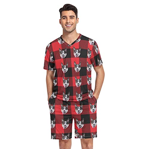 linqin Personalisiertes Pyjama-Set für Herren, personalisierbar, mit lustigem Karomuster, für Vater, Ehemann, Karomuster in Rot und Schwarz, L von linqin