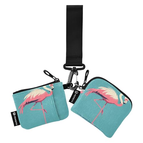 linqin Pink Flamingo Dark Slate Blue Damen Kartenetuis Kleingeldhalter Niedliche Mode Kleingeldbörse Geldbörse Geldbörse mit Handgelenkschlaufe für Damen Herren 2 Stück, Pink Flamingo Dark Slate Blue von linqin
