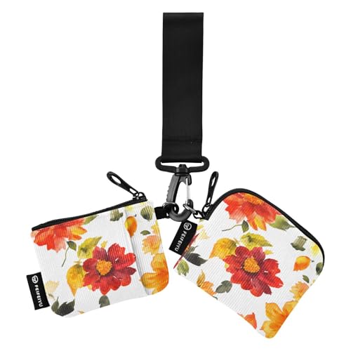linqin Rot-gelbe Herbstblumen-weiße Damen-Geldbörse Kartenetuis niedlich Mode Reißverschluss Geldbörse Münztasche mit Schlüsselanhänger für Frauen Männer 2 Packungen, Blumen Weiß, 1 size von linqin