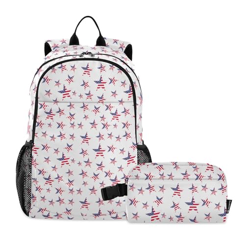 linqin Rucksack mit USA-Flagge und Sternen, für Schule und Lunchtasche, Schultasche und Lunchbox-Set für Jungen, Büchertasche für Teenager, Mädchen, mit Lunchbox 10–12 von linqin