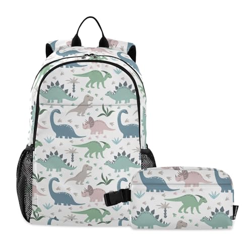 linqin Rucksack und Lunchbox mit Dinosaurier-Motiv, Palmen, Fußabdrücke, für Jungen, Schulrucksack mit Lunchbox, Büchertasche mit Lunchbox für Mädchen im Alter von 8–10 Jahren von linqin