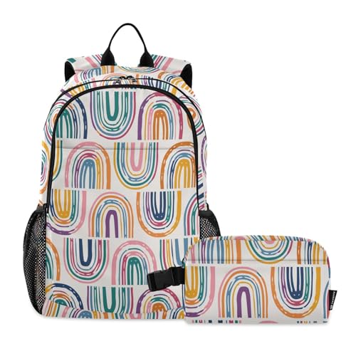 linqin Rucksack und Lunchtaschen-Set mit bunten Regenbögen, für Teenager, Mädchen, Jungen, Schulrucksack mit Lunchbox, Büchertasche mit Lunchbox für Mädchen von 9–10 Jahren von linqin