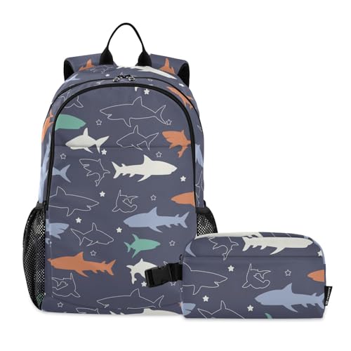 linqin Rucksack und Lunchtaschenset mit bunten Haien, für Teenager, Mädchen, Jungen, Schulrucksack mit Lunchbox, Büchertasche für Teenager, Mädchen, mit Lunchbox 10–12 von linqin