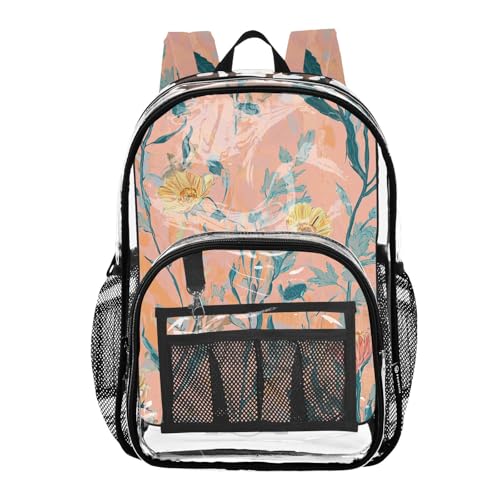 linqin Rustikale transparente Rucksäcke mit Seitentasche aus transparentem PVC für Schule und Kinder, rustikale Blumenblätter, 1 Größe, Rustikale Blumenblätter, Taille unique von linqin