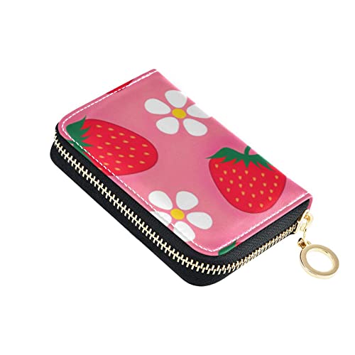 linqin Schlanke Kartenhalter-Brieftasche, risikofrei RFID-blockierende Brieftaschen Mädchen Leder Geldbörse Kartenhalter für Reisen Erdbeerblumen, Erdbeerblumen, Einheitsgröße, Classic von linqin