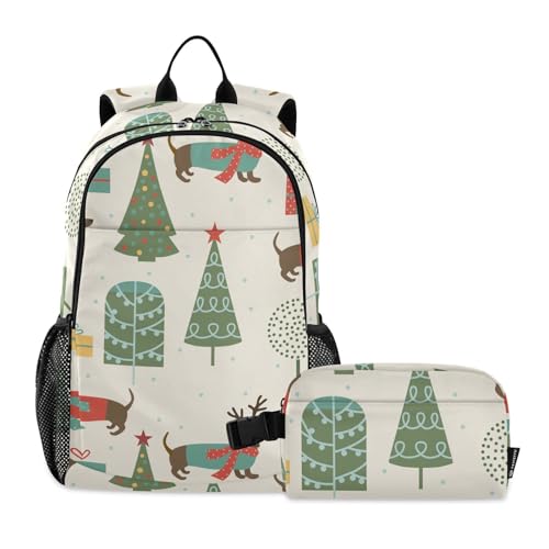 linqin Schulrucksack für Kinder, Weihnachtsbäume, Dackel, Jungen, Schultasche und Brotdose, Set für Jungen, Büchertasche für Teenager, Mädchen, mit Lunchbox 7–10 von linqin