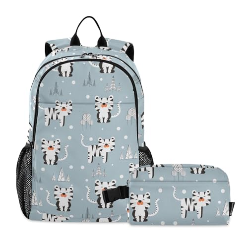 linqin Schulrucksack und Lunchbox-Set mit niedlichem Cartoon-Motiv, Motiv: graue Tiger, für Jungen, Schultasche und Lunchbox, für Jungen von 10–12 Jahren von linqin