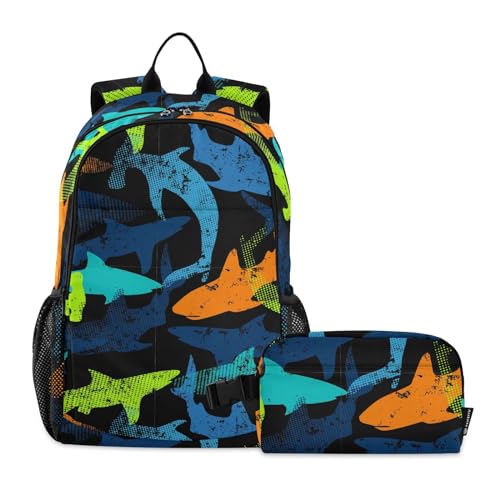 linqin Sharks Camo Boy Rucksack mit Lunchtasche, Schulrucksäcke für Mädchen mit Lunchbox, Rucksack und Lunchbox, Set 9-10 Jahre von linqin