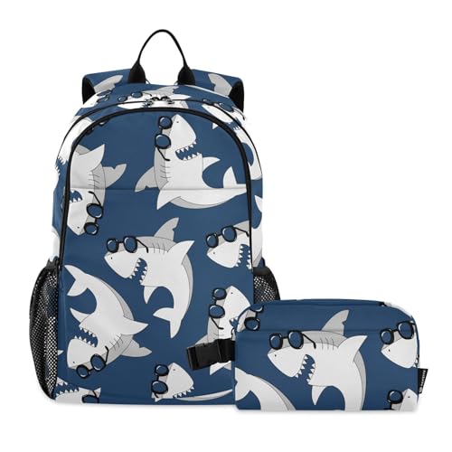 linqin Sharks on Blue Kinder Schulrucksack Jungen Schultasche und Lunchbox Set für Jungen Schultasche für Jungen 9-10 Jahre von linqin