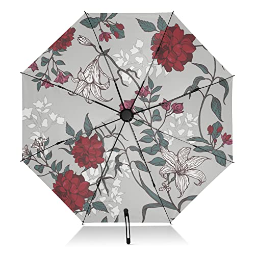linqin Tragbarer Reise-Regenschirm Rosen Lilien Blätter Blumen Winddicht Umgekehrt Kompakter Regenschirm für Sonne Regen Große 8 Rippen UV Regenschirm Automatisch für Frauen Männer von linqin