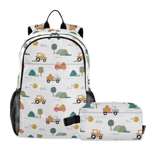 linqin Traktoren-LKW-Landschafts-Rucksack für die Schule mit Lunchtasche, Schulrucksack mit Lunchtasche, Rucksack für Mädchen von 9-10 Jahren von linqin