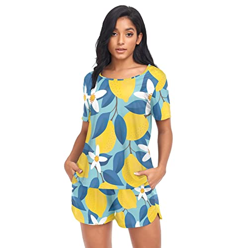 linqin Tropical Lemon Damen Pyjama Set Kurzarm Schlafanzug Set mit süßen Nachtwäsche, Zitrone Tropical, 42 von linqin