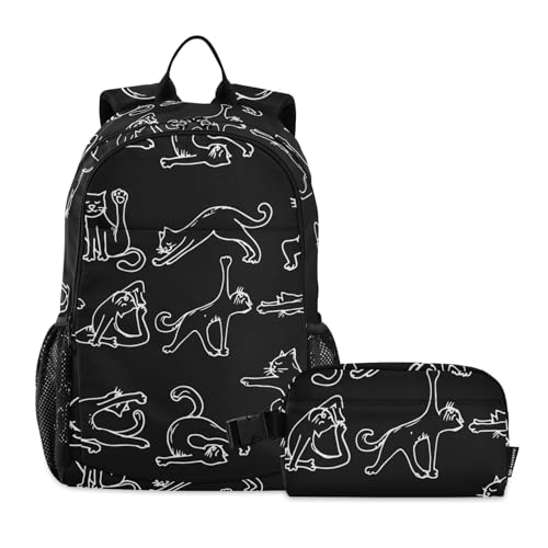 linqin Yoga-Rucksack und Lunchtaschen-Set mit Katze, für Teenager, Mädchen, Schultasche mit Lunchtasche, Jungen, Schultaschen 10–12, Schwarz von linqin