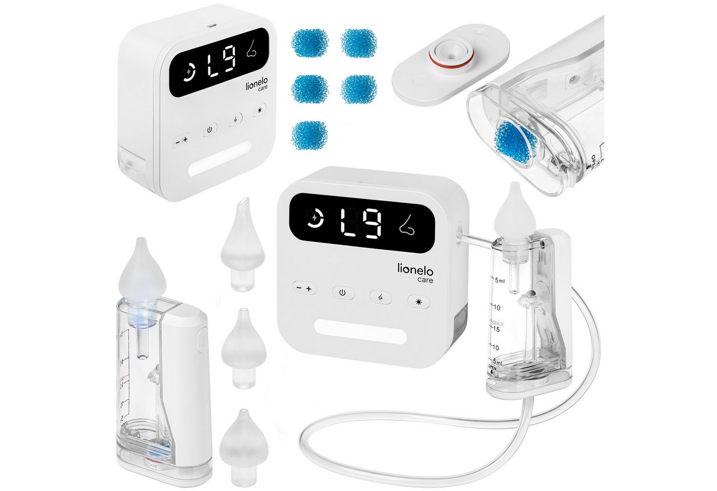 lionelo Nasensauger BABYAIR FLOW, Set, Komplettset mit Aufsätzen, Zubehör und USB-C-Kabel, 9Stufen/Nachtlicht/7,5lmin/65kPa/Akku2,5h von lionelo