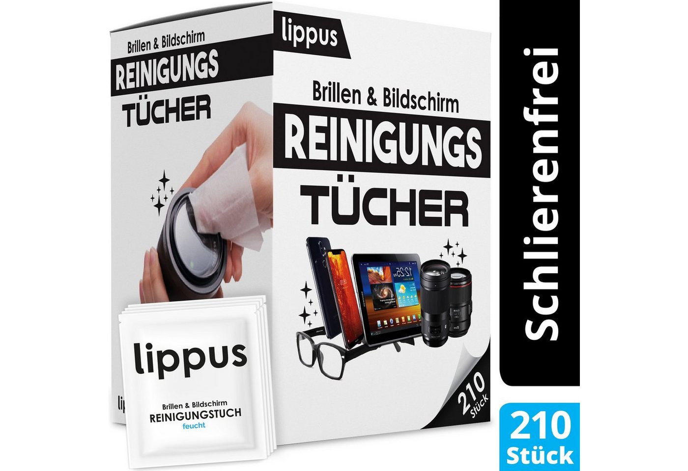 lippus Brille PREMIUM Brillenputztuch [210 STÜCK], Schlieren- und Rückstandsfrei – Reinigt & desinfiziert von lippus