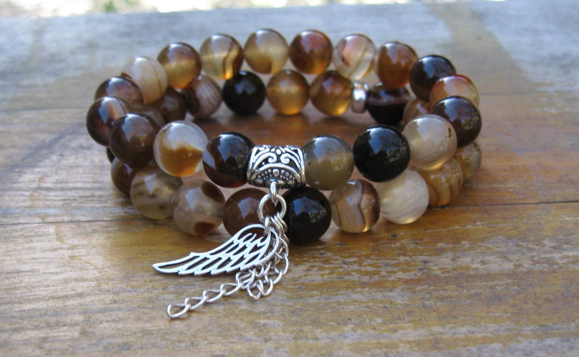 Botswana Achat Sterling Silber Charm Armband Set - Flügel Engel Botswana Achat Sterling Silber Charm Armband Set - Flügel Engel von liquidstarjewelry