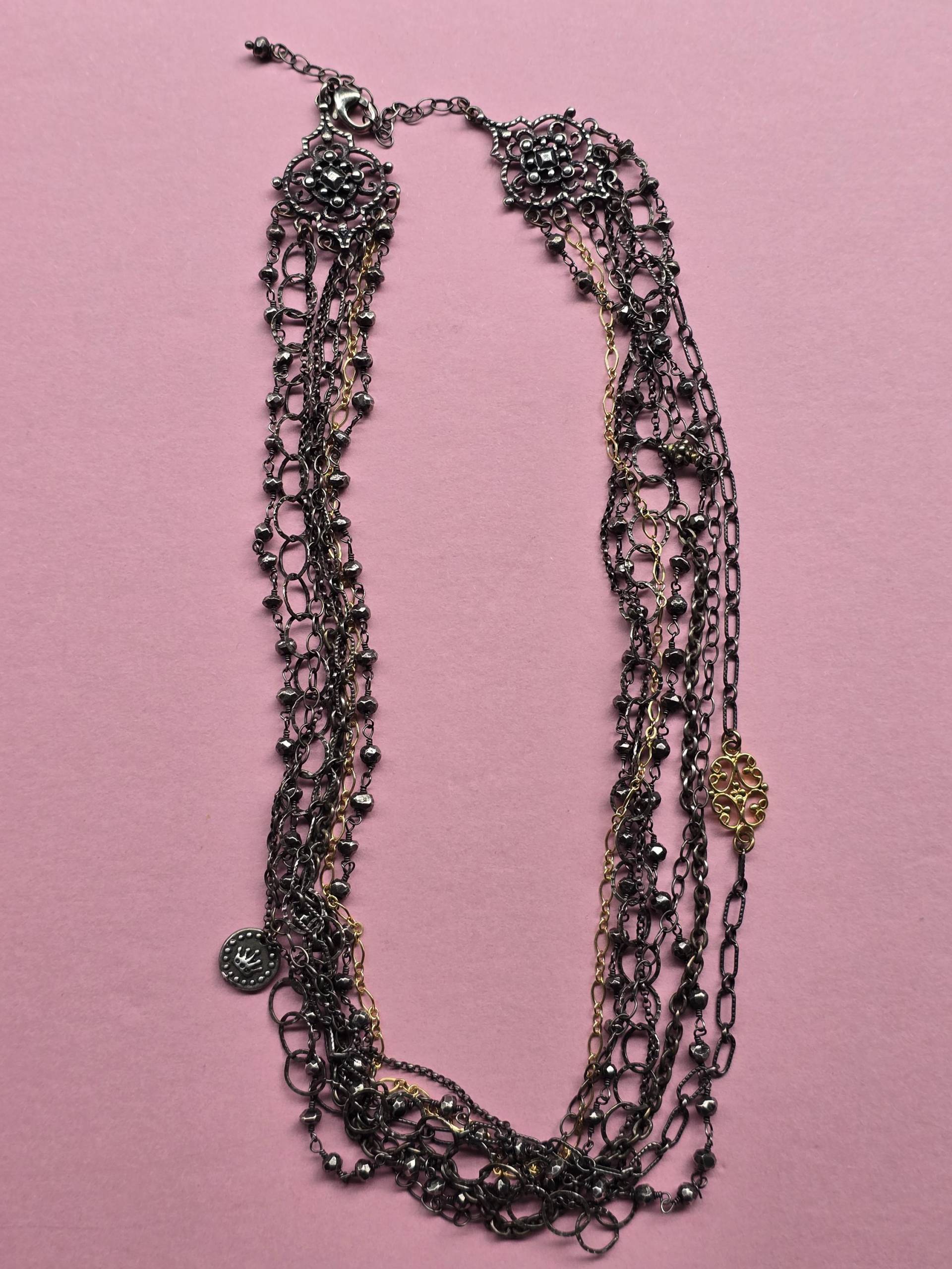 Multi Strand Sterling Silber Halskette W Gold, Pyrit, & Anhänger Multi Strand Sterling Silber Halskette W Gold, Pyrit, & Anhänger von liquidstarjewelry