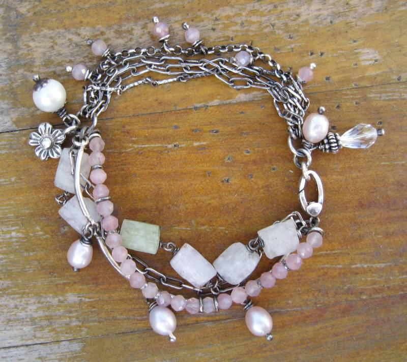 Pretty in Pink - Kunzit, Rosaquarz, Süßwasserperle, Sterling Silber, Kette von liquidstarjewelry