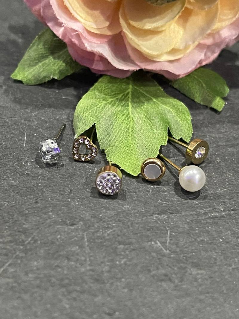 Ohrstecker Set | 6 Paar Fassung Gold Farbig Strass Perle Herz Perlmutt| Würfel von lisinis