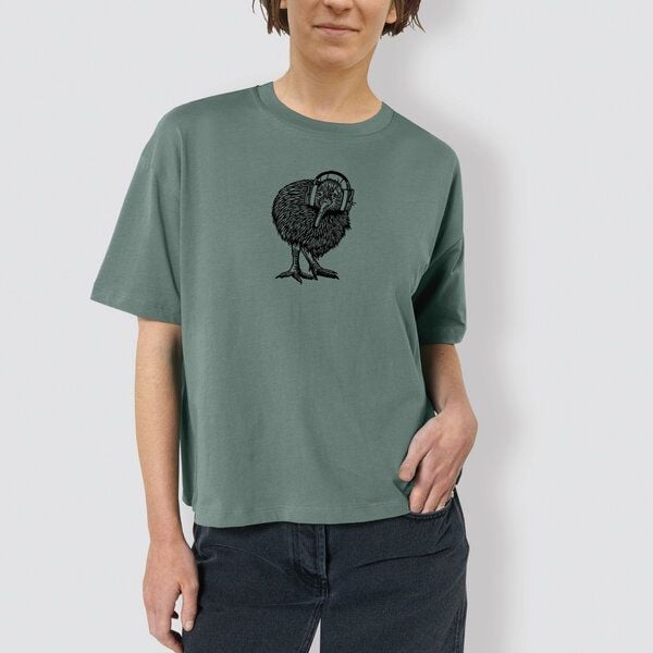 little kiwi Damen T-Shirt, „Kiwi mit Kopfhörer“, locker geschnitten von little kiwi