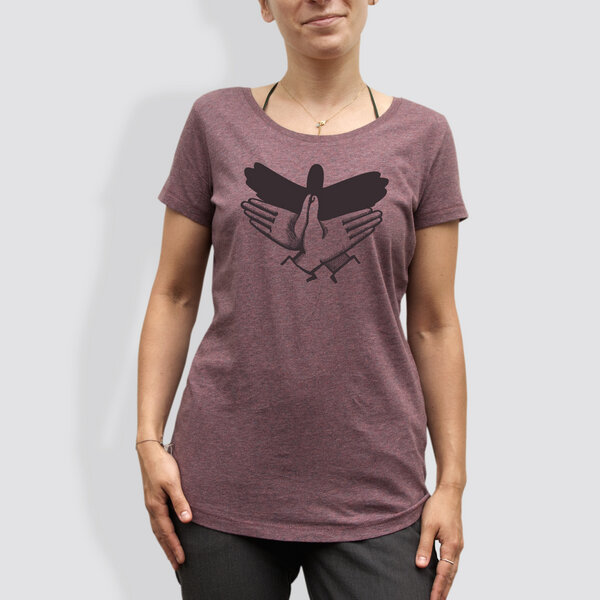 little kiwi Damen T-Shirt, "Schattenvogel", Black Heather Cranberry von little kiwi
