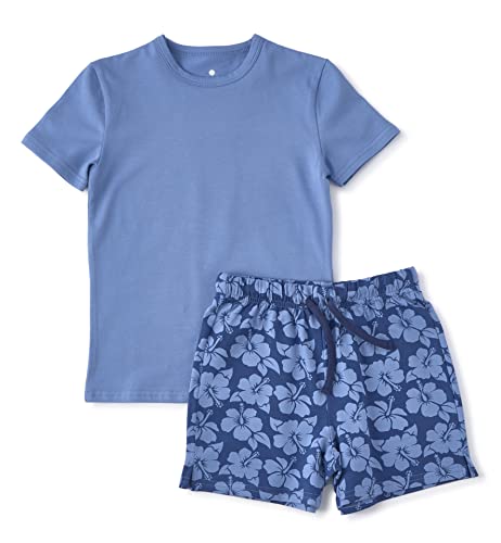 little label - Kinder Schlafanzug Jungen 110-116 (6Y) - Shortama - Sommer Jungen Pyjama Kurz - Blau Sommer Hawaii-Print - Bio-Baumwolle von little label