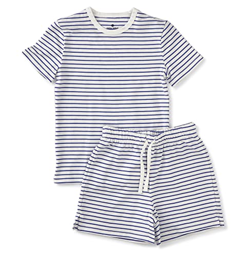 little label - Kinder Schlafanzug Jungen 122-128 (8Y) - Shortama - Sommer Jungen Pyjama Kurz - Blau Breton-Streifen - Bio-Baumwolle von little label