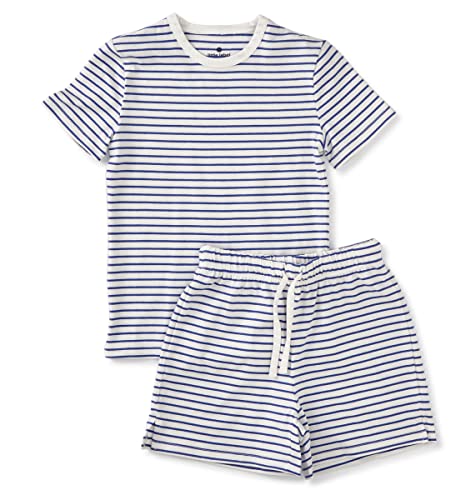 little label - Kinder Schlafanzug Jungen 158-164 (14Y) - Shortama - Sommer Jungen Pyjama Kurz - Blau Breton-Streifen - Bio-Baumwolle von little label