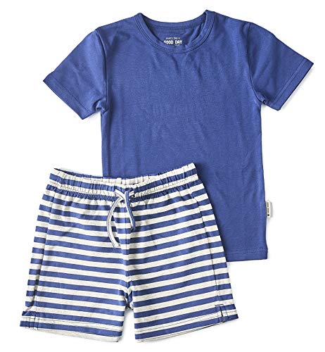 little label - Kinder Schlafanzug Jungen 170-176 (16Y) - Shortama - Sommer Jungen Pyjama Kurz - Blau Grau-Streifen - Bio-Baumwolle von little label