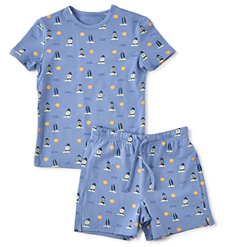 little label - Kinder Schlafanzug Jungen 86 (18M - Shortama - Sommer Jungen Pyjama Kurz - Blau Sommer Surf-Print - Bio-Baumwolle von little label