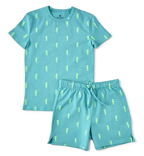 little label - Kinder Schlafanzug Jungen 86 (18M - Shortama - Sommer Jungen Pyjama Kurz - Grünblau Seepferdchen-Print - Bio-Baumwolle von little label