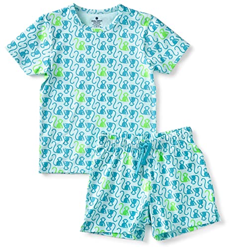 little label - Kinder Schlafanzug Jungen - Shortama - Sommer Pyjama Jungen Kurz - Blau - Sommer Schlafanzug Affen-Print - Bio-Baumwolle-GOTS von little label