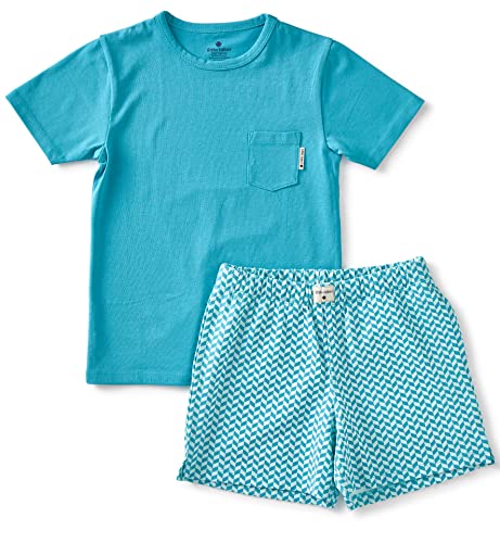 little label - Kinder Schlafanzug Jungen - Shortama - Sommer Pyjama Jungen Kurz - Blau - Sommer Schlafanzug Aqua-Print - Bio-Baumwolle-GOTS von little label