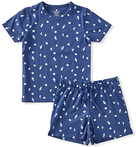 little label - Kinder Schlafanzug Jungen - Shortama - Sommer Pyjama Jungen Kurz - Blau - Sommer Schlafanzug Weltraum -Print - Bio-Baumwolle-GOTS von little label