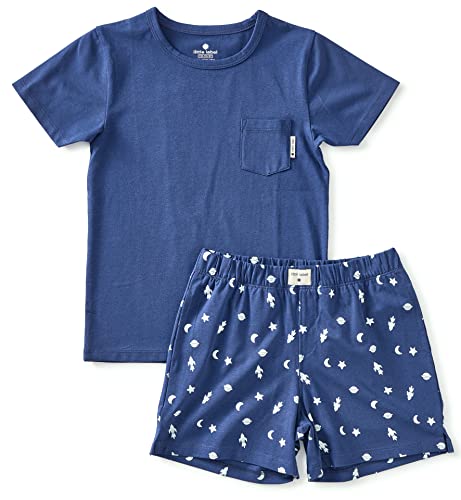 little label - Kinder Schlafanzug Jungen - Shortama - Sommer Pyjama Jungen Kurz - Dunkelblau - Sommer Schlafanzug Print - Bio-Baumwolle-GOTS von little label