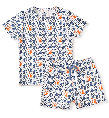 little label - Kinder Schlafanzug Jungen - Shortama - Sommer Pyjama Jungen Kurz - Weiß - Sommer Schlafanzug Affen-Print - Bio-Baumwolle-GOTS von little label