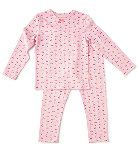 little label - Kinder Schlafanzug Mädchen 134-140 (10Y) - Pyjama Mädchen - Schlafanzüge Kinder - Lila Fuchsia Kirschen-Print - Bio-Baumwolle von little label