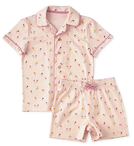 little label - Kinder Schlafanzug Mädchen 134-140 (10Y) - Shortama mit Knöpfen - Sommer Pyjama Mädchen Kurz - Rosa Tulpen-Print - Bio-Baumwolle von little label