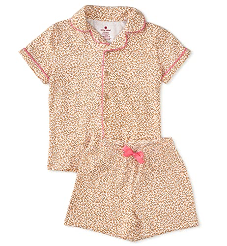 little label - Kinder Schlafanzug Mädchen 146-152 (12Y) - Shortama mit Knöpfen - Sommer Pyjama Mädchen Kurz - Weiß Orange Leopard-Print - Bio-Baumwolle von little label