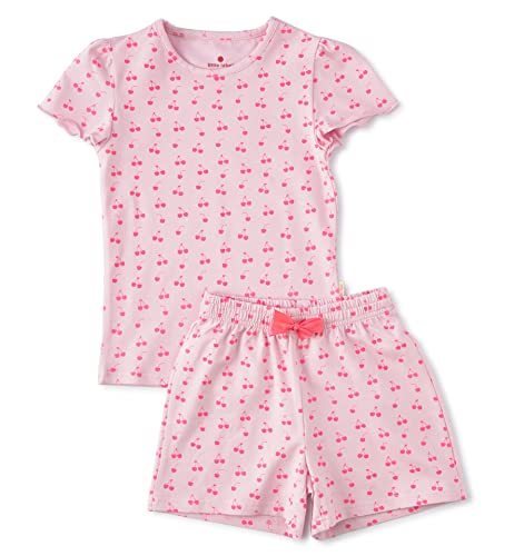 little label - Kinder Schlafanzug Mädchen 92 (2Y) - Shortama - Sommer Pyjama Mädchen Kurz - Lila Fuchsia Kirschen-Print - Bio-Baumwolle von little label